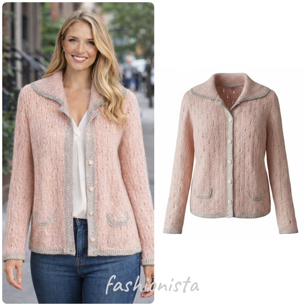 Lightweight Shimmer Knit Button-Up Cardigan – Blush Pink